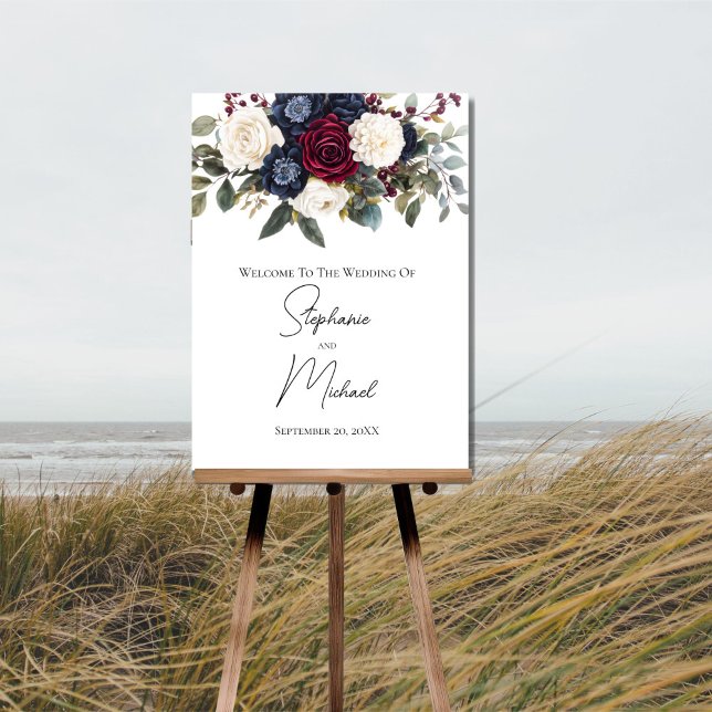 Poster Símbolo de Casamento Floral de Creme Azul Marinho  (Burgundy Navy blue Cream White Floral Wedding Welcome sign poster.)