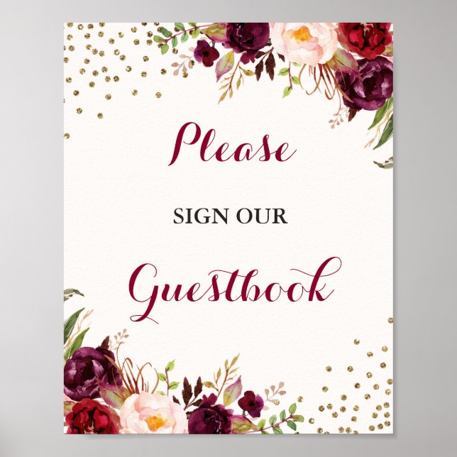 Poster Símbolo de Casamento Floral de Guestbook Burgundy  (Frente)