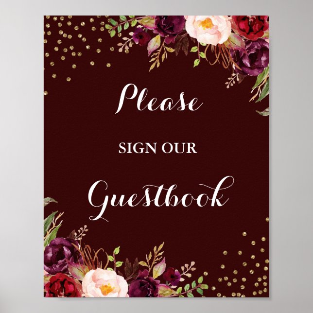 Pôster Símbolo de Casamento Floral de Guestbook Dourado B (Frente)