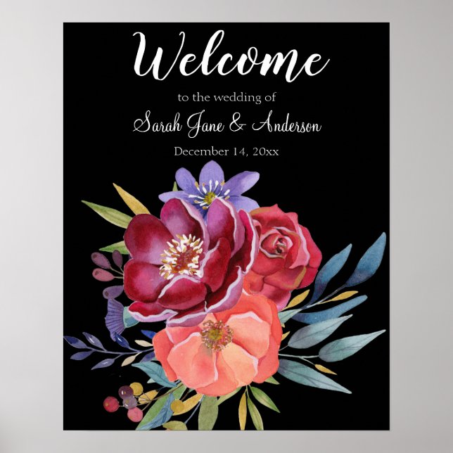 Poster Símbolo de Casamento Floral Puro e Burgundy- Preto (Frente)