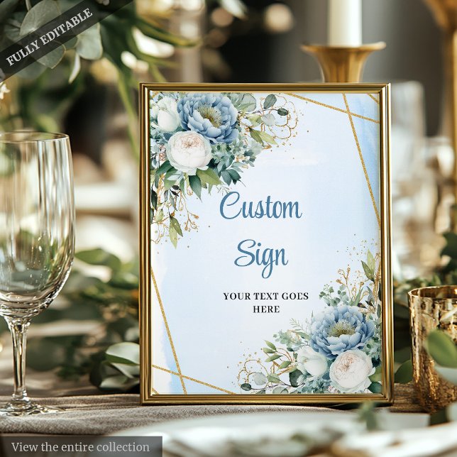 Poster Símbolo de Casamento Verde Dourado Azul (Watercolor Blue Gold Glitter Greenery Wedding Sign)