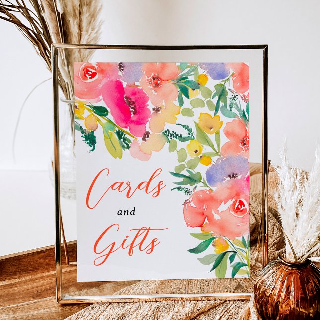 Poster Símbolo de chá de panela floral do jardim de vasso (Bright bold boho garden floral bridal shower sign)