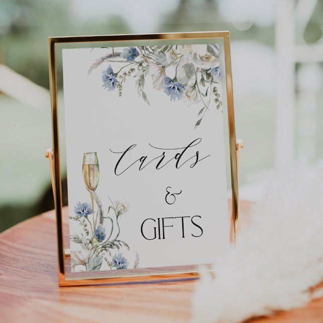 Poster Símbolo de Chá de panela para presentes de placas  (Boho Blue Floral Cards and Gifts Bridal Shower Sign, Blue Cornflowers, Bridal Shower Gifts Card Sign)