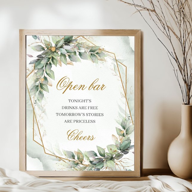 Poster Símbolo de Elegante verde eucalipto gold bar abert (Watercolor greenery foliage gold glitter wedding open bar sign poster)