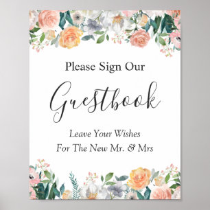 Poster Símbolo de Guestbook de Casamento Floral de Rosas