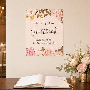 Poster Símbolo de Guestbook de Casamento Floral Dourado B