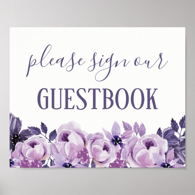 Pôster Símbolo de Guestbook de Casamento Floral Purple Wa (Frente)