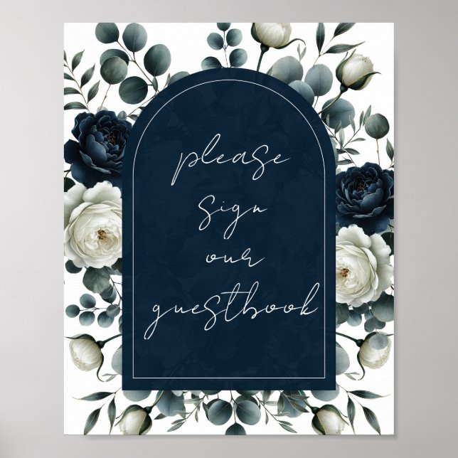 Poster Símbolo de Guestbook Floral Moderno Azul e Branco (Frente)