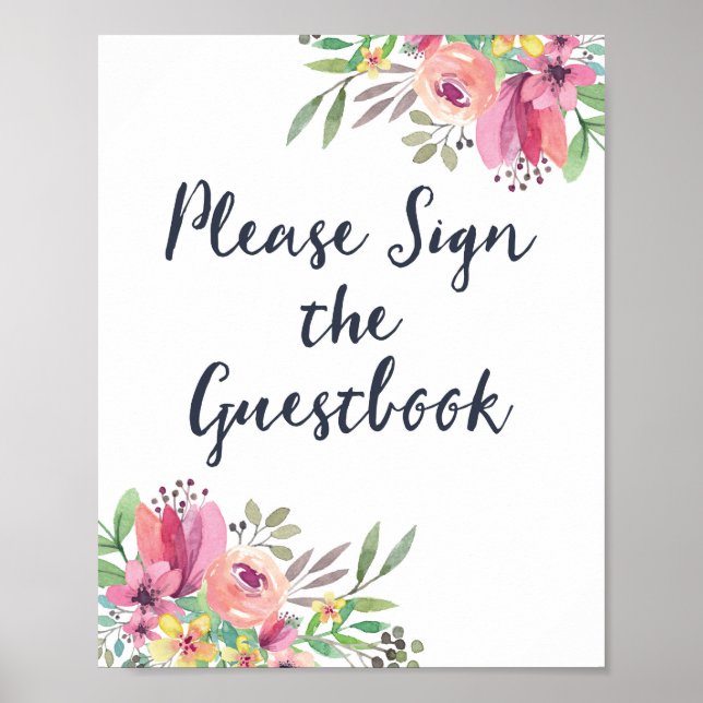 Poster Símbolo de Guestbook Floral Watercolor (Frente)