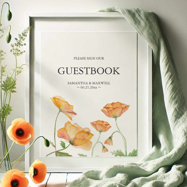 Poster Símbolo de Livro de Convidado da Flor Laranja do T (Wedding guestbook sign watercolor orange poppy flower art by Victoria Grigaliunas Do Tell A Belle)