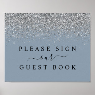Poster Símbolo de Livro de Convidado Dusty Blue & Silver 