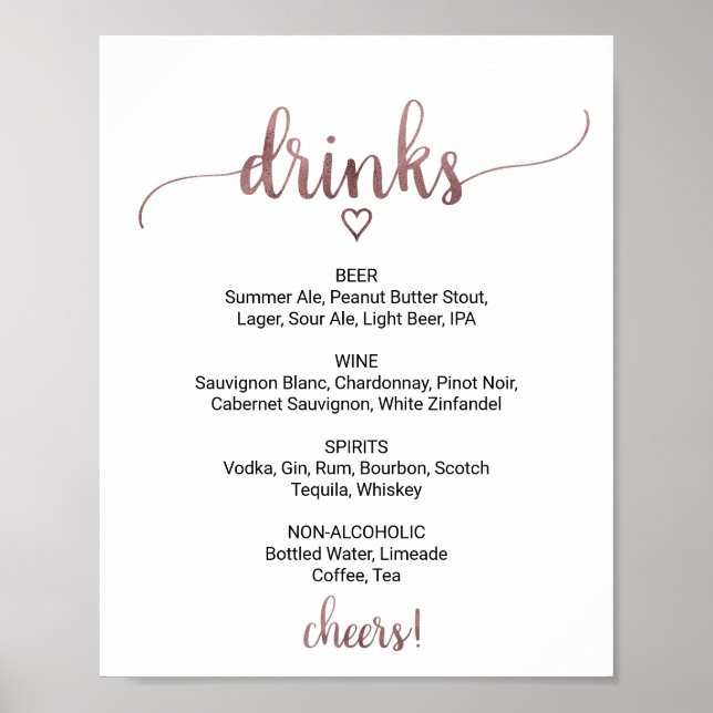 Poster Símbolo de menu de bebidas Dourado com Rosa simple (Frente)