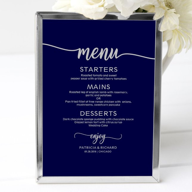 Poster Símbolo de Menu de Casamento Marinho Silver Azul (Criador carregado)