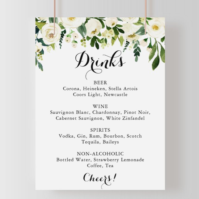 Poster Símbolo de Menu Drinks Florais de Casamento Verde  (Criador carregado)