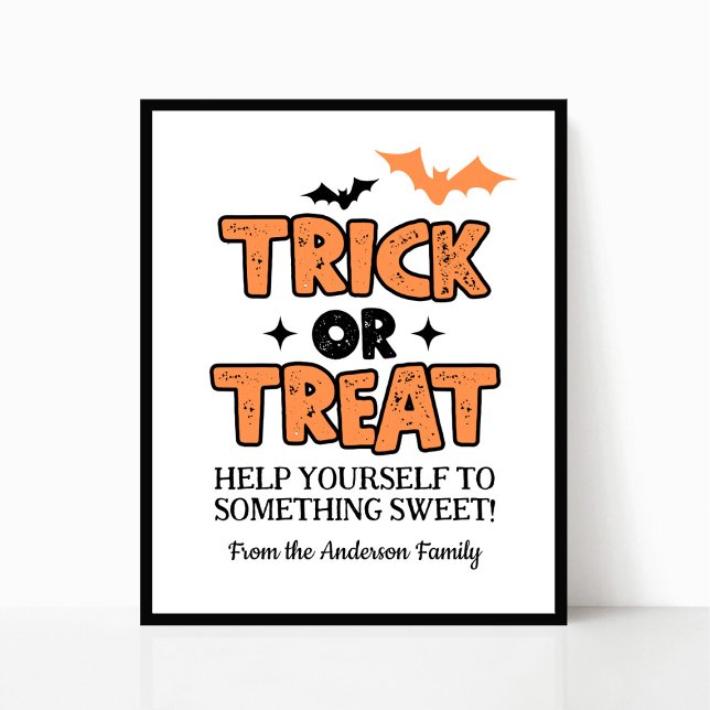 Poster Símbolo de Mesa do Halloween Trick ou Treine Party (Customizable Trick or Treat Help Yourself to Something Sweet Halloween Sign)