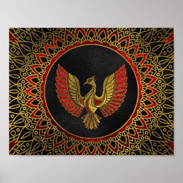Pôster Símbolo de pássaro Phoenix Dourado e vermelho deco (Frente)