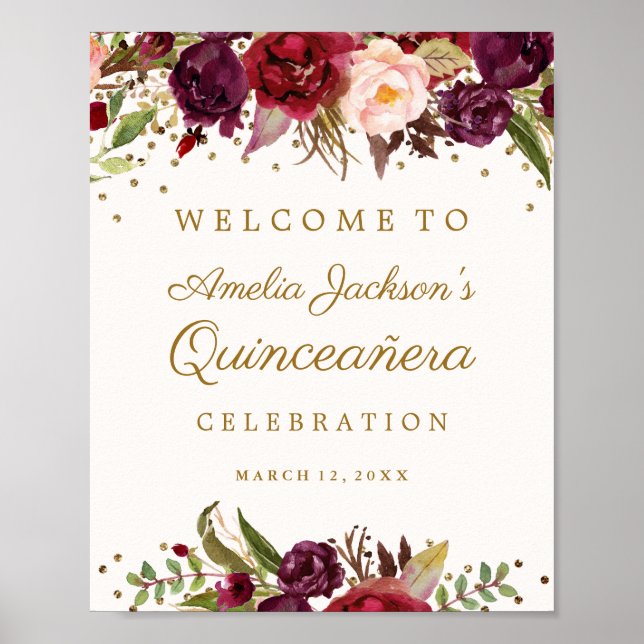 Poster Símbolo de Quinceanera Floral Confetti Dourado Bur (Frente)
