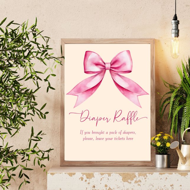 Poster Símbolo de rampa da fralda da fita do arco rosa (Pink bow ribbon baby shower diaper raffle table sign personalized baby shower decor)