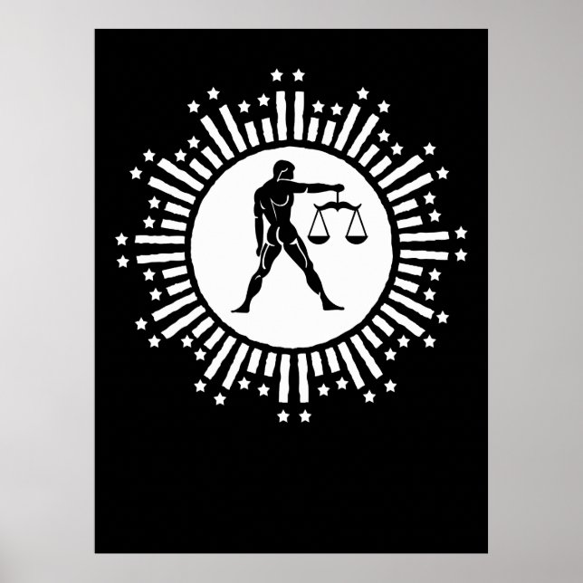 Poster Símbolo do Zodíaco de Libra com Estrelas Preto e B (Frente)