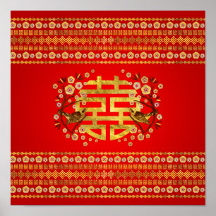 Poster Símbolo Dourado de dupla felicidade com flores e p