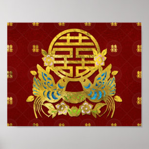 Pôster Símbolo Dourado de dupla felicidade com pássaros