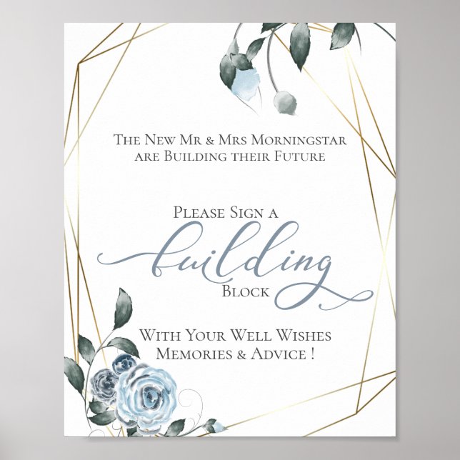 Poster Símbolo Floral Azul Dusty Bloco de Construção (Frente)