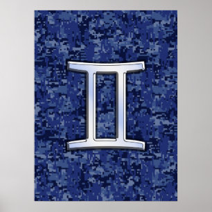 Poster Símbolo Gemini Zodiac Camuflagem Digital Azul