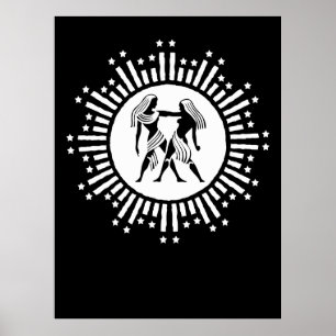Poster Símbolo Gemini Zodiac com Estrelas a Preto e Branc