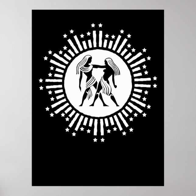 Poster Símbolo Gemini Zodiac com Estrelas a Preto e Branc (Frente)