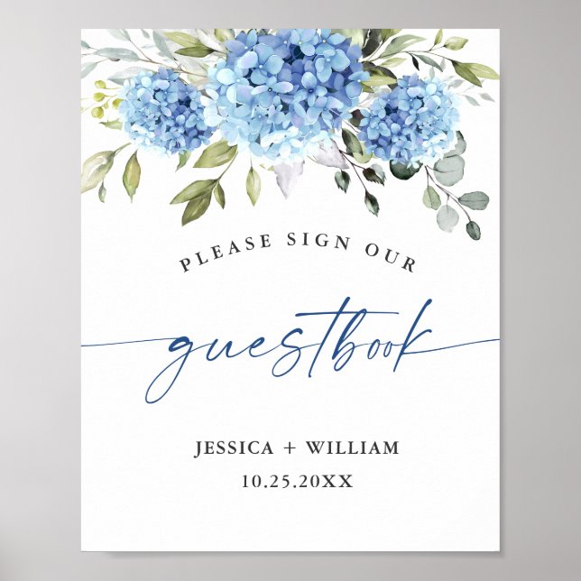Poster Símbolo Guestbook Elegante Blue Hydrangea Eucalypt (Frente)