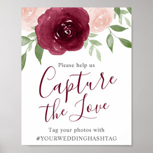 Pôster Símbolo Hashtag de Casamento Floral de Watercolor 
