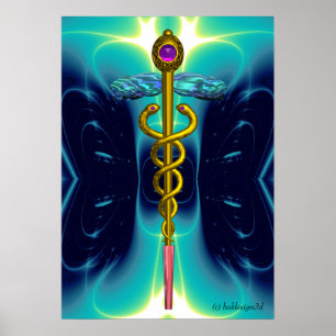 Pôster Símbolo Médico CADUCEU de Ouro Ondas Azuis Teal Aq