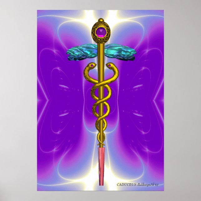 Pôster Símbolo Médico CADUCEU Dourado Ultra Violeta Roxo (Frente)