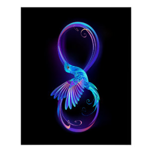 Pôster Símbolo Neon Infinity com Hummingbird brilhante