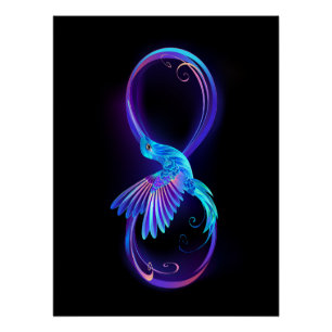 Pôster Símbolo Neon Infinity com Hummingbird brilhante
