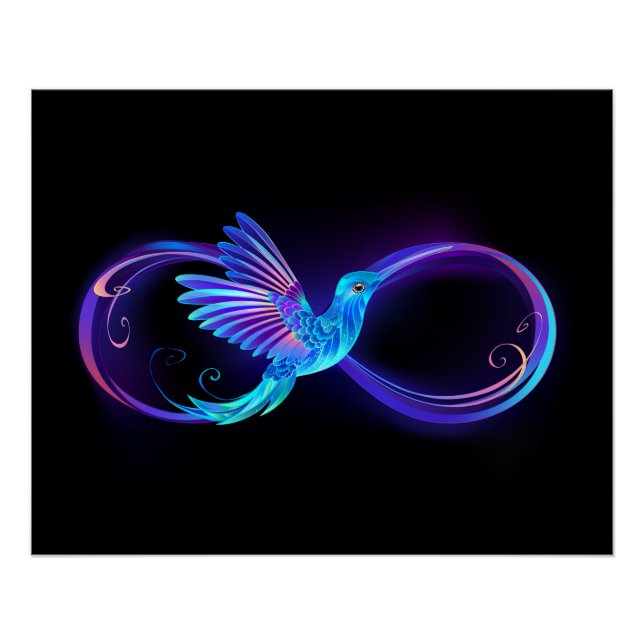 Pôster Símbolo Neon Infinity com Hummingbird brilhante (Frente)