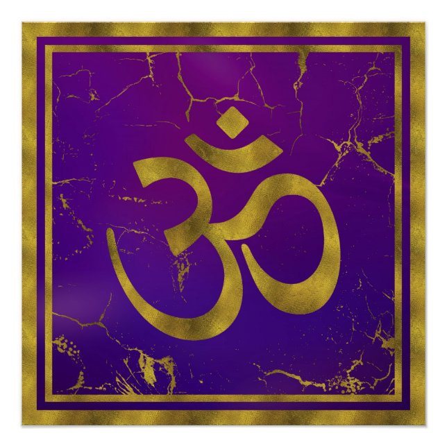Pôster Símbolo OM Dourado - Aum, Omkara em Roxo/Indigo (Frente)
