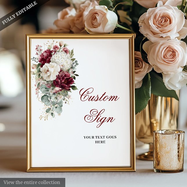 Poster Símbolo Personalizado de Casamento Branco Glam Boh (Glam Boho Burgundy White Wedding Custom Sign Poster)