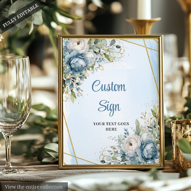 Poster Símbolo Personalizado de Casamento de Derramamento (Elegant Dusty Blue Floral DIY Wedding Custom Sign)