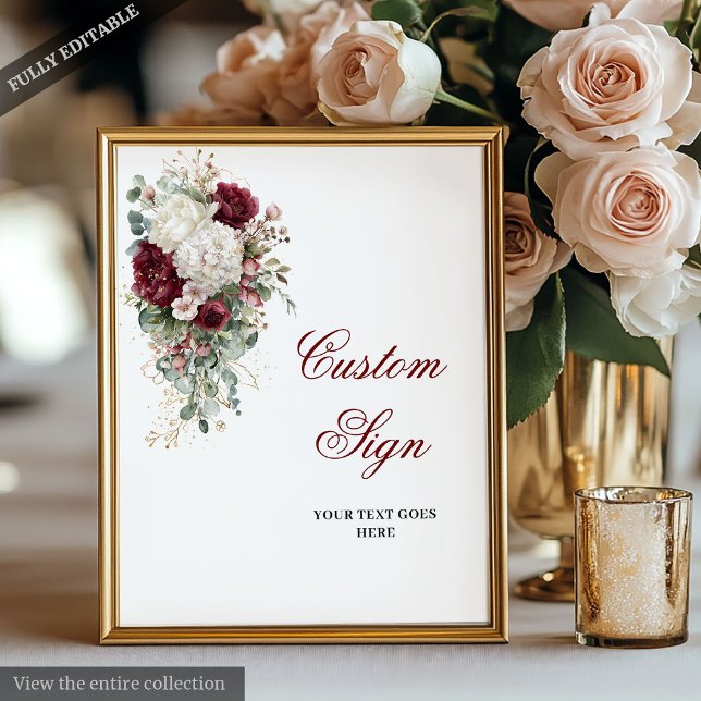 Poster Símbolo Personalizado de Casamento Floral Branco B (Boho Burgundy White Artistic Floral Wedding Sign)