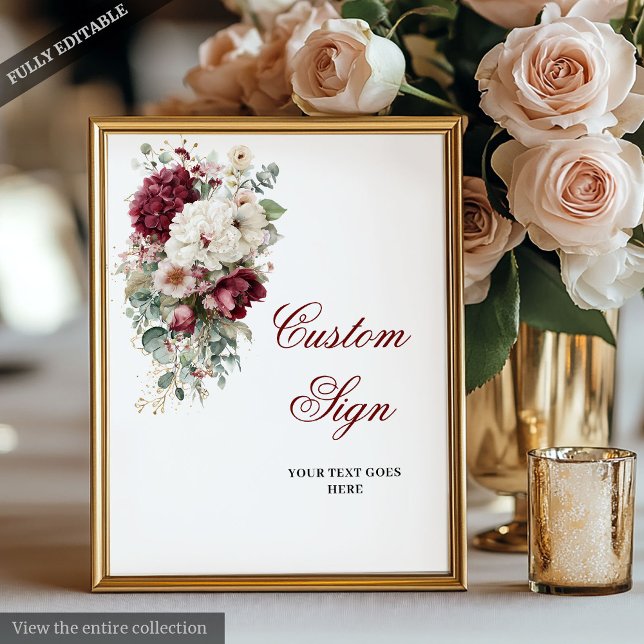 Poster Símbolo Personalizado de Rosa de Casamento do Boho (Artistic Boho Burgundy Rose Wedding Custom Sign)