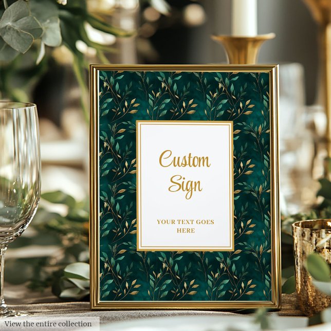 Poster Símbolo Personalizado Verde Dourado do Esmeralda M (Modern Emerald Green Gold Greenery Custom Sign)
