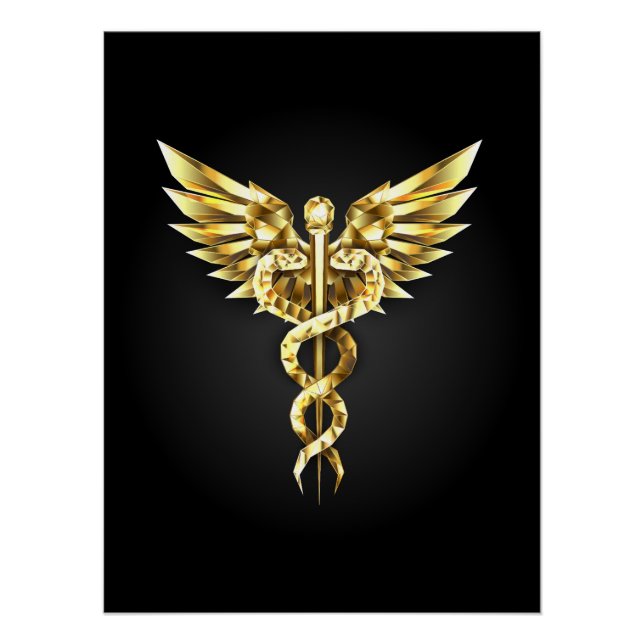 Pôster Símbolo Poligonal Dourado Caduceus (Frente)