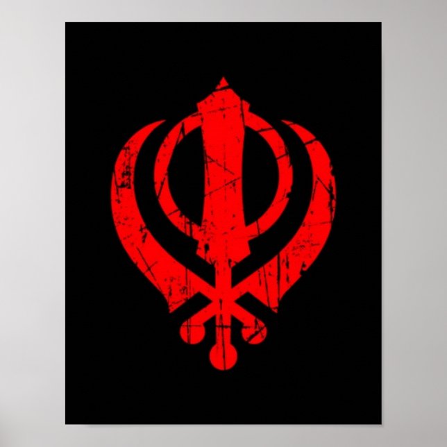 Pôster Símbolo Red Sikh Khanda crachado em preto (Frente)