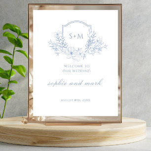 Poster Símbolo Românico Blue Floral Monograma Crest Sinal