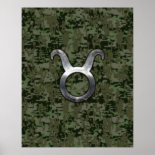 Poster Símbolo Taurus Zodíaco na Camo Digital Verde