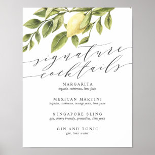 Poster Símbolo V2 do Menu Cocktail de Limões e Folhas