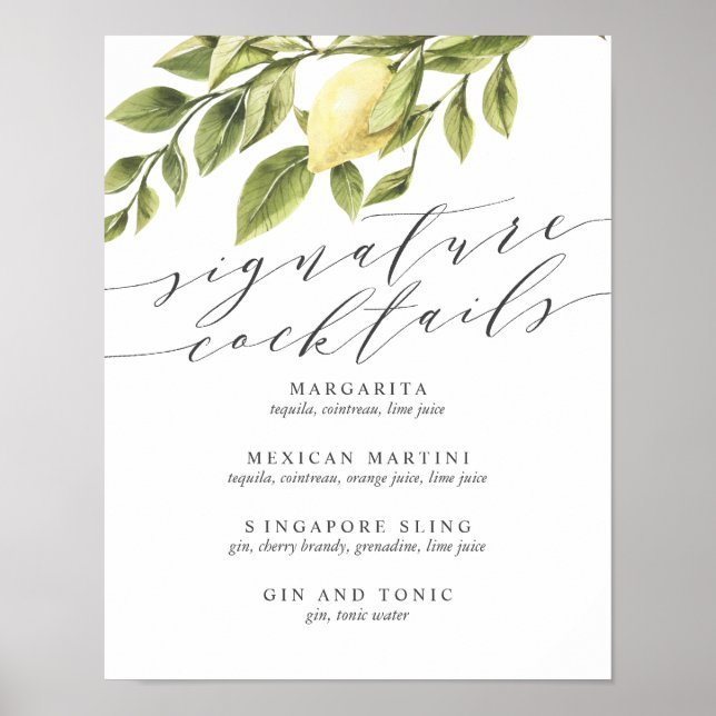 Poster Símbolo V2 do Menu Cocktail de Limões e Folhas (Frente)