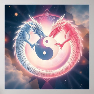 Poster Símbolo Yin Yang do Dragão Vermelho e Preto
