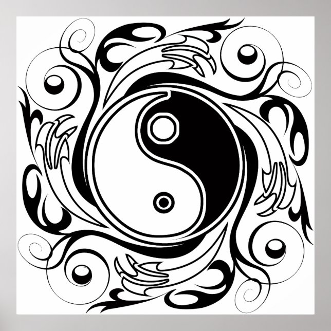 Poster Símbolo Yin & Yang Estilo de Tatuagem Preto e Bran (Frente)